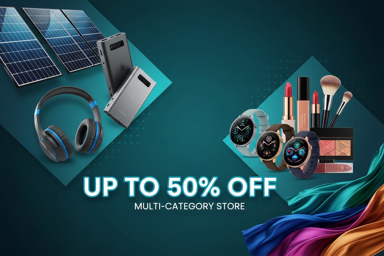 {
  "prompt": "A modern promotional poster for a multi-category store. Display solar panels, power banks, headphones, smartwatches, women's cosmetics, and colorful fabrics together in a clean layout. Add bold text: 'UP TO 50% OFF'. Vibrant lighting, sharp details, premium look, dark aqua theme style."
}

