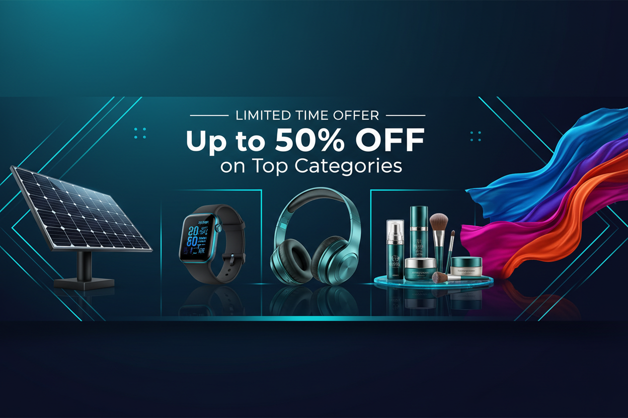 {
  "prompt": "Ultra-wide ecommerce sale banner, dark aqua modern theme. Stylish layout showing solar panel, smartwatch, headphones, cosmetics, and colorful fabrics spread across the frame. Clean glowing accents, sharp lighting, premium look. Add bold centered text: 'LIMITED TIME OFFER — Up to 50% OFF on Top Categories'."
}
